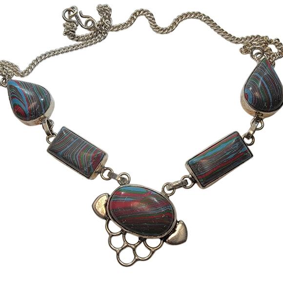 Handmade Sterling Silver Necklace Featuring Colorful Multi-Striped Polymer Stone - Picture 1 of 10